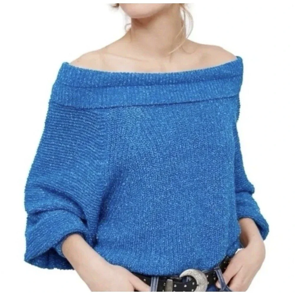 Free People Womens Orange Off Shoulder Knit Sweater Textured Puff Sleeves Medium